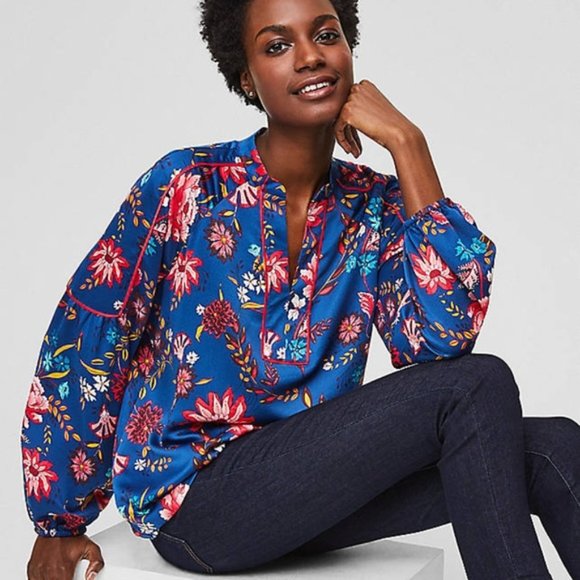 LOFT Royal Blue Floral Puff Sleeve Pop Over Blouse Petite XS X-Small - Picture 1 of 9